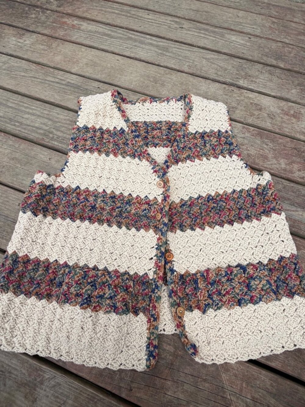 Handmade Crochet Button-Up Vest In Neutral & Multicolor Stripes